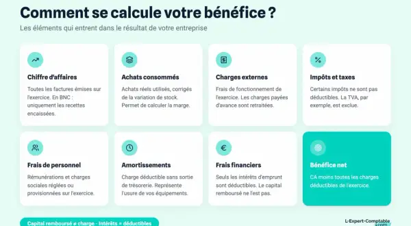 Infographie expliquant comment vérifier la santé financière d'une entreprise : chiffre d'affaires, achats, charges, impôts, personnel, amortissements, frais financiers et bénéfice net.