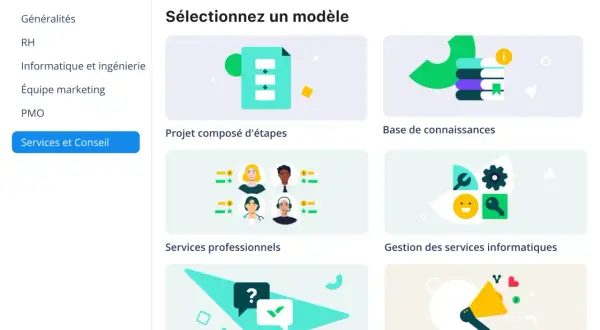 Interface pour exprimer un besoin : sélection de modèles pour des projets, bases de connaissances, services professionnels, assistance, et gestion de campagnes.