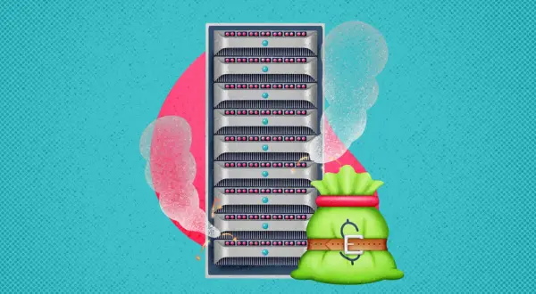Serveur informatique en panne, symbolisant les coûts d'un logiciel de supervision défaillant. Un sac d'argent ceinturé à côté.