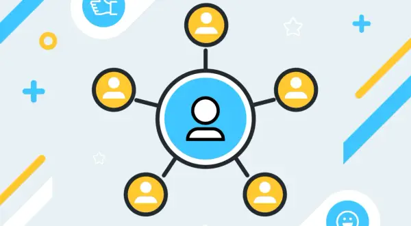 Schéma illustrant une **technique de management** : un cercle central avec une personne connectée à cinq autres cercles, chacun représentant un individu.