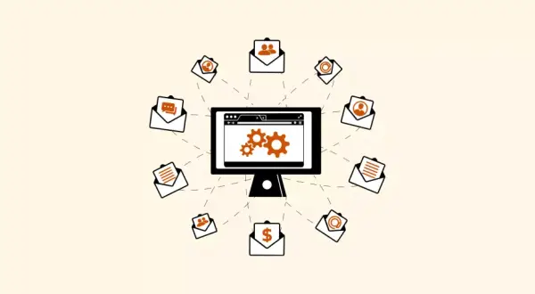 Un ordinateur central avec des engrenages, entouré d'enveloppes symbolisant des communications diverses, comme un logiciel de chat.