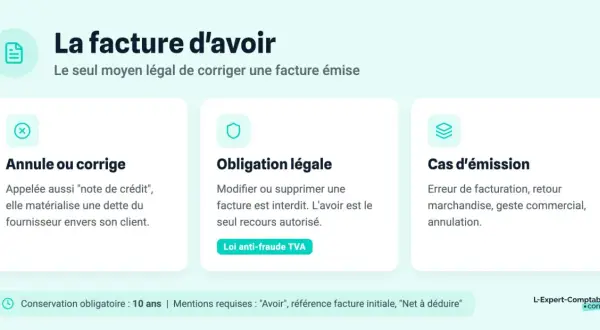 La facture d'avoir, aussi appelée note de crédit, est le seul moyen légal pour corriger une facture. Elle est utile en cas d'erreur, de retour de marchandise ou pour un geste commercial.