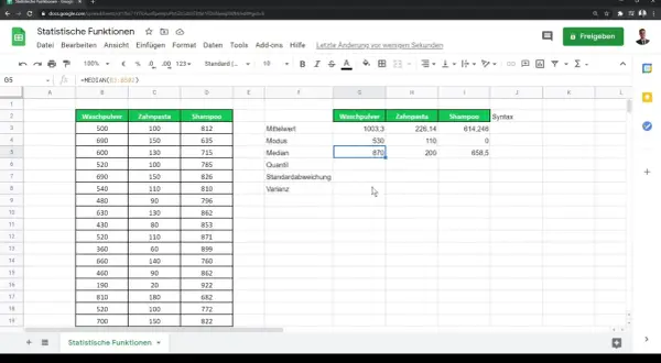 Tableau Google Sheets montrant des données de vente et des calculs statistiques, incluant la fonction MEDIAN pour trouver la valeur médiane.