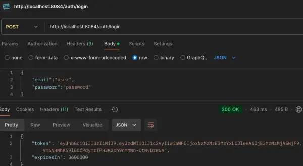 Connexion réussie avec spring security JWT. Le corps de la requête POST contient les identifiants, la réponse renvoie un token JWT.