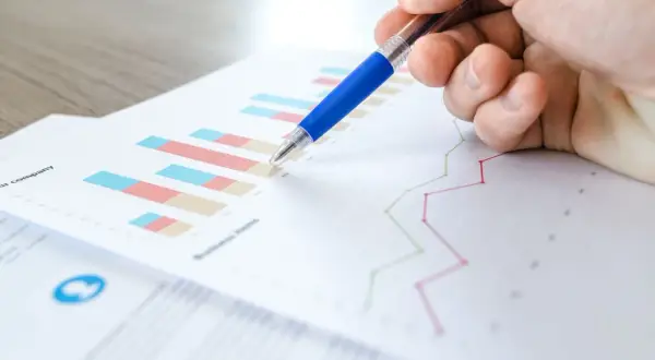 Main d'une personne pointant un graphique avec un stylo bleu. L'image illustre la veille informationnelle def.