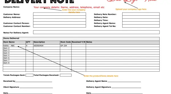 Un exemple de bon de livraison vierge, prêt à être rempli avec les détails de l'entreprise, du client et des articles livrés.