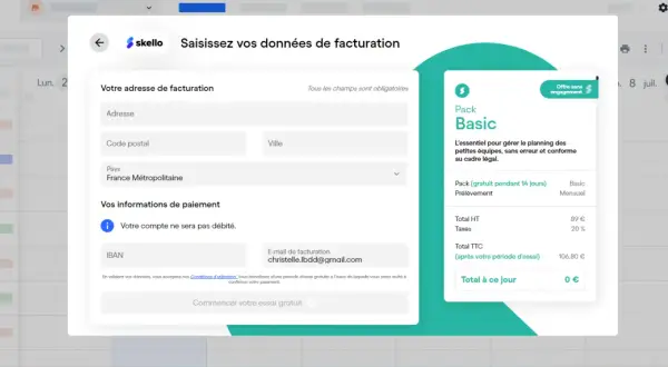 Interface Skello pour la saisie des données de facturation, offrant un pack Basic pour le skello planning.