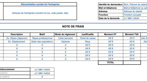 Formulaire de note de frais avec des exemples de dépenses professionnelles, comme des repas et des déplacements.
