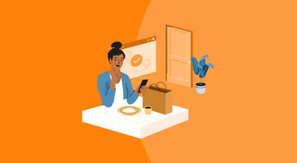 Une femme utilise une application prise de commande gratuit sur son téléphone, attendant son repas.