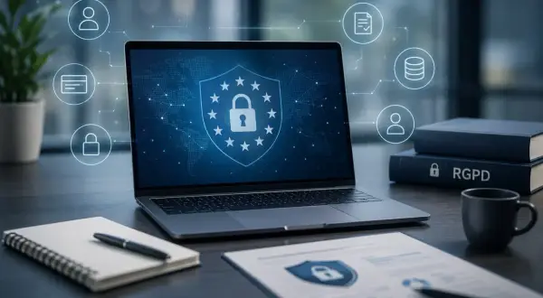 Ordinateur affichant un bouclier de sécurité avec un cadenas, symbolisant la protection des données. Le **RGPD et l'IA** sont au cœur de cette représentation de la cybersécurité.