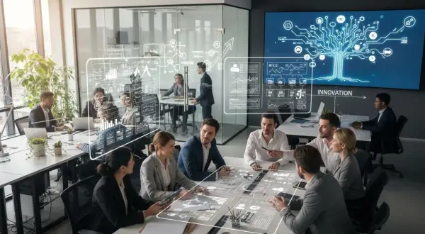 Équipe discutant autour d'une table, utilisant des outils de gestion d'entreprise futuristes projetés en 3D.