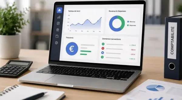 Tableau de bord d'un logiciel comptable affichant graphiques et transactions. Idéal pour gérer les finances, ce type de solution fait partie des logiciels comptables les plus utilisés.