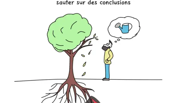 Un homme pense à arroser un arbre dont les racines touchent un fût toxique. Une illustration sur la **gestion des non conformités** et les conclusions hâtives.