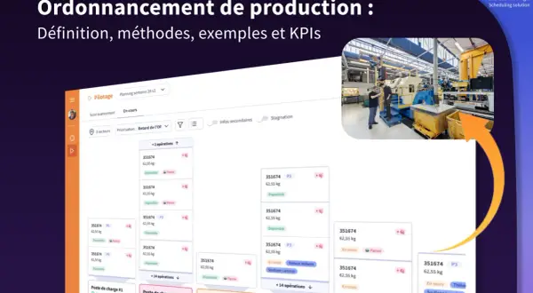 Tableau de bord montrant l'ordonnancement de production avec des tâches en cours, des priorités et des statuts.