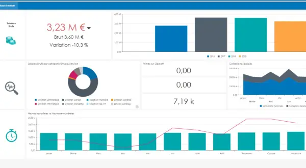 Tableau de bord RH : masse salariale, salaires bruts par catégorie, primes, cotisations sociales et heures travaillées/rémunérées. Ces outils de datavisualisation offrent une vue d'ensemble.