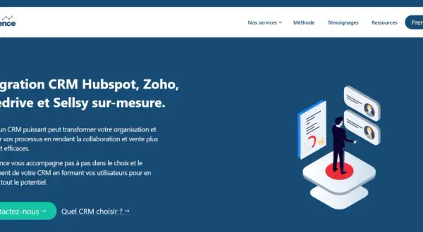 Illustration d'un homme interagissant avec des bulles de dialogue et des documents, symbolisant l'intégration d'un logiciel CRM open source pour optimiser les processus.