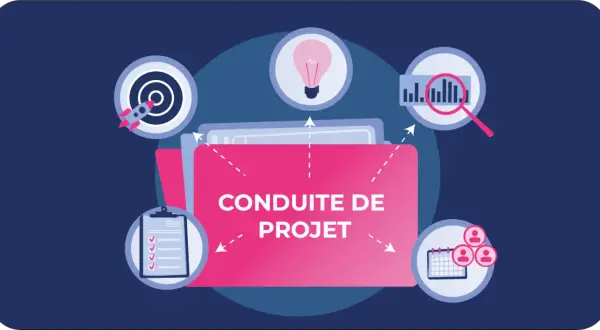 Icône de dossier rose "Conduite de projet" entourée d'icônes : fusée, ampoule, graphique, liste, calendrier. Illustration des enjeux d'un projet.