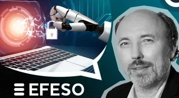 Un bras robotique manipule un cadenas sur un écran d'ordinateur, symbolisant la sécurité et l'api intelligence artificielle. Un homme souriant est à droite.