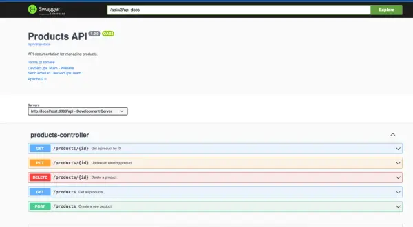 Interface Swagger pour une API Spring Boot, affichant les endpoints pour gérer les produits : GET, PUT, DELETE, POST.