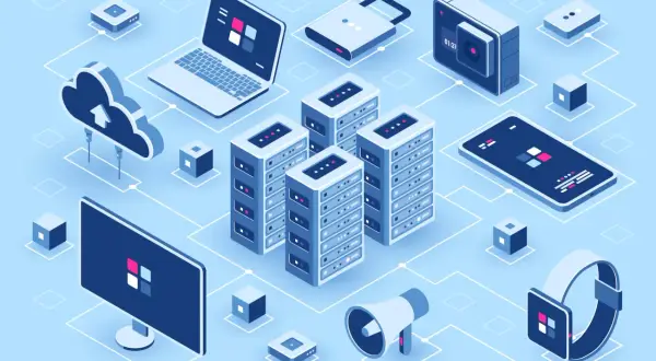 Illustration isométrique d'une infrastructure technologique : serveurs, ordinateur portable, smartphone, montre connectée, cloud, et un cadenas. Idéal pour la gestion de parc informatique.