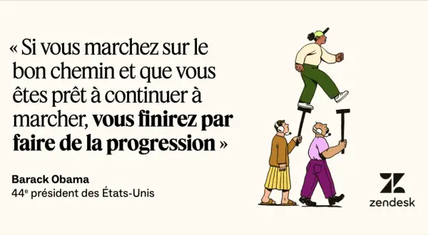 Illustration d'une citation de Barack Obama sur la progression, symbolisant le travail d'équipe. Une personne marche sur les épaules d'autres, qui la soutiennent.