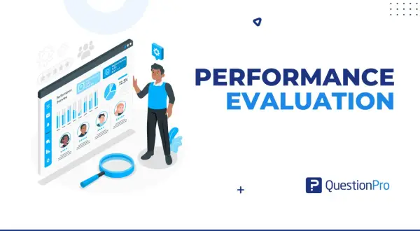 Un homme analyse un tableau de bord de revue de performance avec des graphiques et des évaluations. Le mot "PERFORMANCE EVALUATION" est affiché en grand.