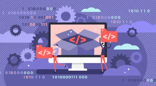 Des développeurs collaborent, symbolisant la communauté open source. Des engrenages et du code binaire évoquent la technologie et l'innovation.