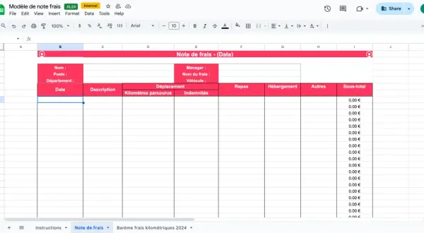 Modèle de note de frais vierge dans un tableur, prêt à enregistrer vos dépenses de déplacement, repas et hébergement.