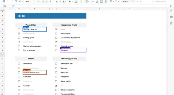 Comment utiliser Google Sheets pour organiser un événement : une liste de tâches avec des éléments comme "Musical instruments" et "Speakers".