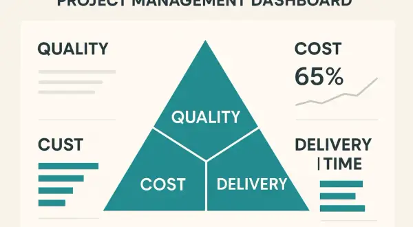 Tableau de bord de gestion de projet : un triangle d'or projet illustre la qualité, le coût (65%) et la livraison.