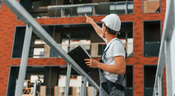 Un homme en casque blanc et salopette grise, tenant un porte-documents, pointe du doigt un bâtiment en construction. Il semble expliquer la différence entre maître d'œuvre et maître d'ouvrage.