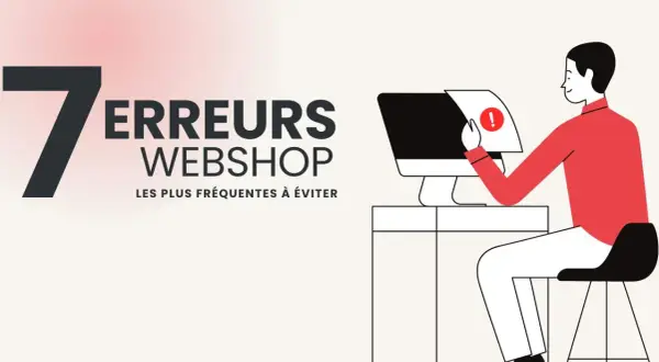 7 erreurs webshop à éviter pour une solution e-commerce réussie. Un homme regarde un écran d'ordinateur avec un point d'exclamation.
