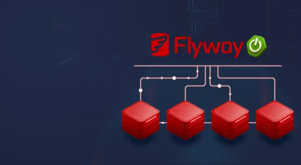 Logo Flyway et des icônes de base de données connectées, symbolisant la gestion des migrations de base de données pour des applications Spring Boot.