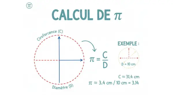 Le calcul de π : la circonférence divisée par le diamètre. Un exemple montre que pour un diamètre de 10 cm, π vaut environ 3.14.