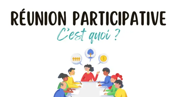 Illustration de diverses personnes autour d'une table, discutant des techniques d'animation de réunion participative.