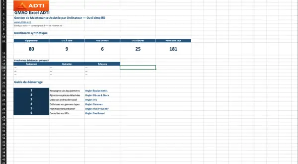 Tableau de bord GMAO Excel ADTI : 80 équipements, 9 OTs à faire, 6 en cours, 25 clôturés, 181 pièces sous seuil. Guide de démarrage inclus.