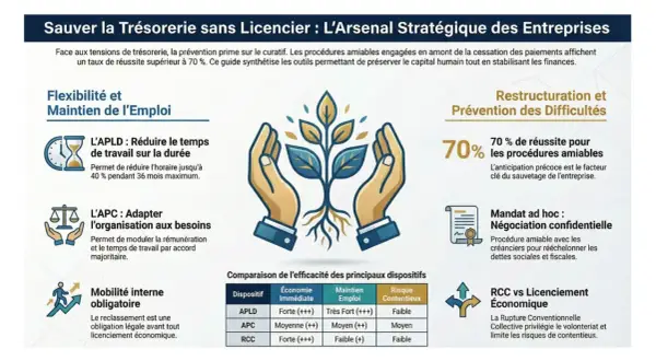 Stratégies pour éviter le problème de trésorerie : flexibilité, restructuration, et procédures amiables pour sauver l'entreprise.