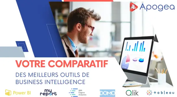 Un homme souriant regarde un écran d'ordinateur affichant des graphiques. Le texte "VOTRE COMPARATIF DES MEILLEURS OUTILS DE BUSINESS INTELLIGENCE" suggère un logiciel d'aide à la décision.