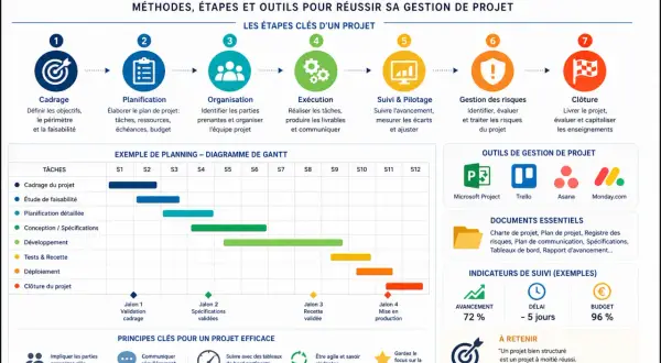 Les jalons d'un projet informatique : cadrage, planification, organisation, exécution, suivi, gestion des risques et clôture. Un diagramme de Gantt illustre les étapes.