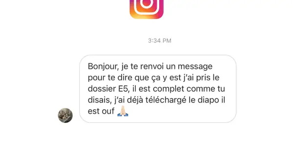 Un message Instagram annonce la fin du dossier E5 et le téléchargement d'un diaporama pour un diaporama gestion de projet BTS SAM exemple.