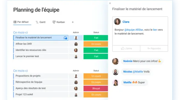 Tableau de planification d'équipe. La tâche "Finaliser le matériel de lancement" est en cours, avec des commentaires d'équipe.
