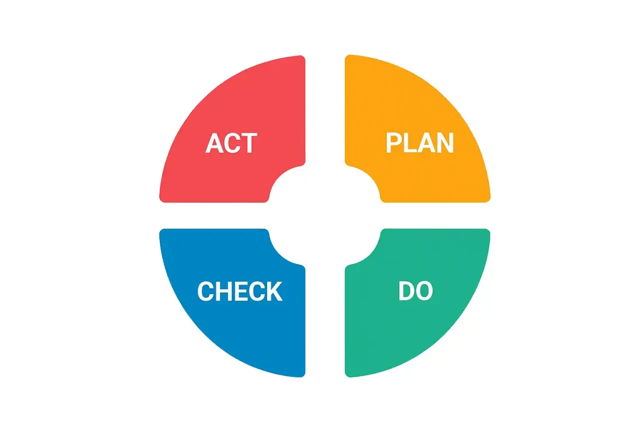 La roue de Deming illustre le cycle PDCA : Planifier, Faire, Vérifier, Agir. Un outil visuel pour l'amélioration continue.