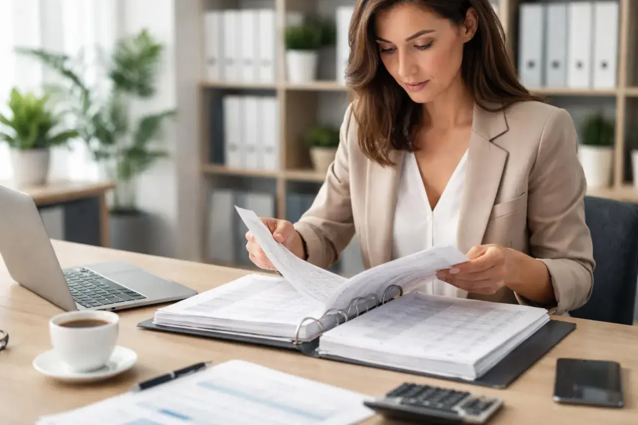 Femme d'affaires examinant des documents pour une meilleure réduction des coûts. Bureau, ordinateur portable, café.