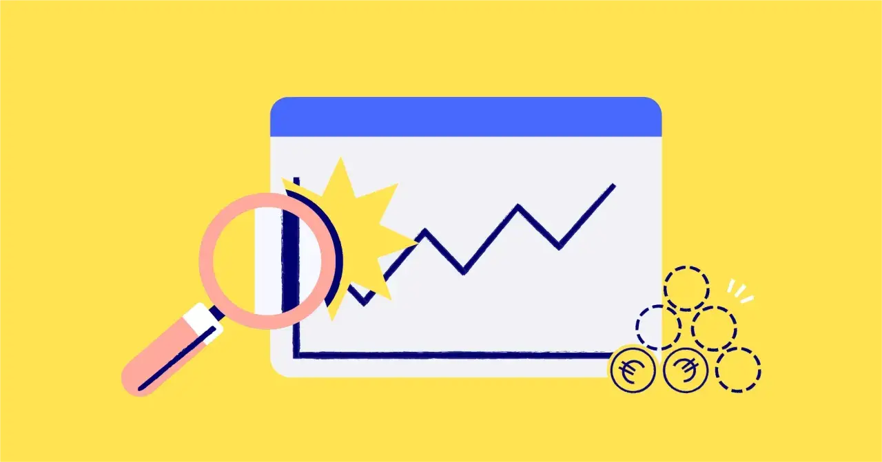 Loupe examinant un graphique de performance financière en hausse, avec des symboles d'euros.