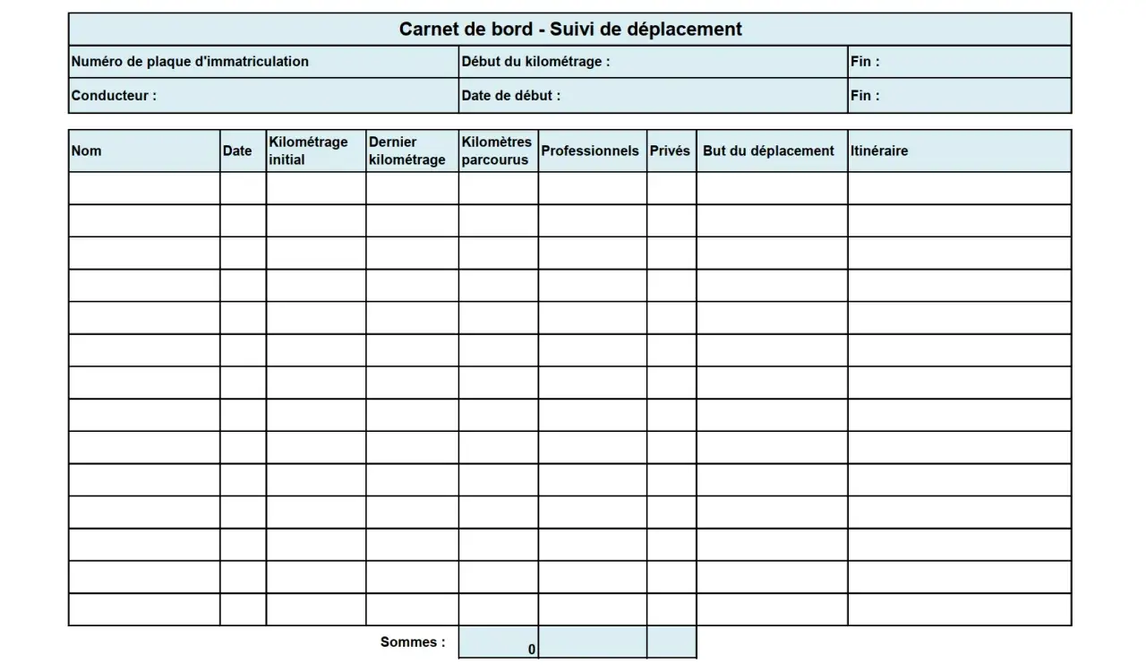 Modèle gratuit de tableau suivi véhicule Excel pour enregistrer les déplacements, avec champs pour kilométrage, dates et itinéraire.