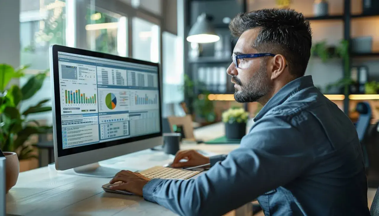 Un homme analyse des graphiques et des données sur son écran, un exemple d'audit informatique.