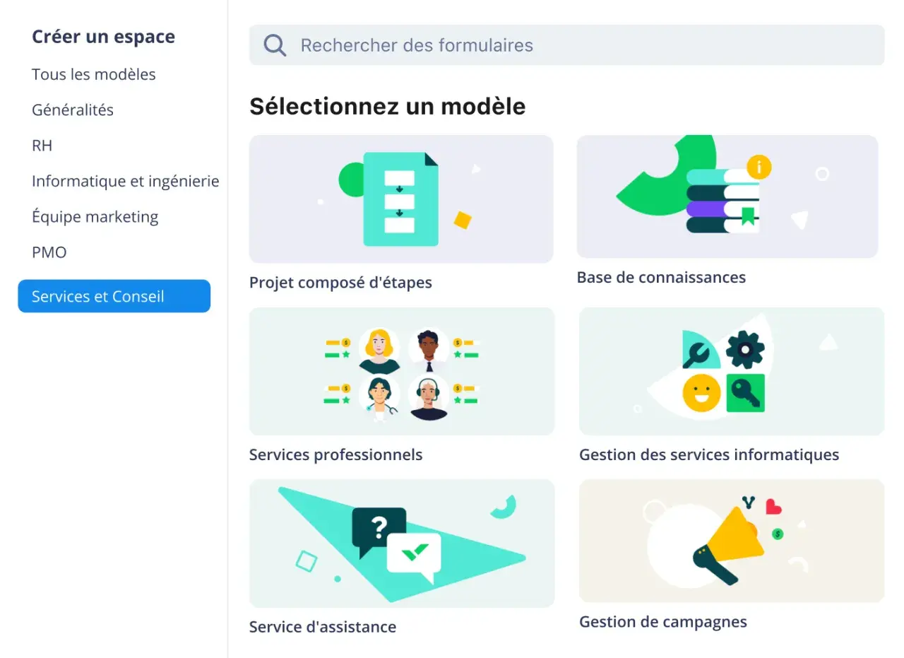 Interface pour exprimer un besoin : sélection de modèles pour des projets, bases de connaissances, services professionnels, assistance, et gestion de campagnes.