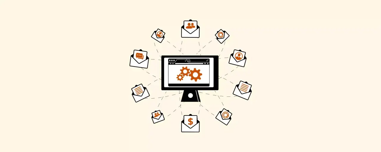 Un ordinateur central avec des engrenages, entouré d'enveloppes symbolisant des communications diverses, comme un logiciel de chat.