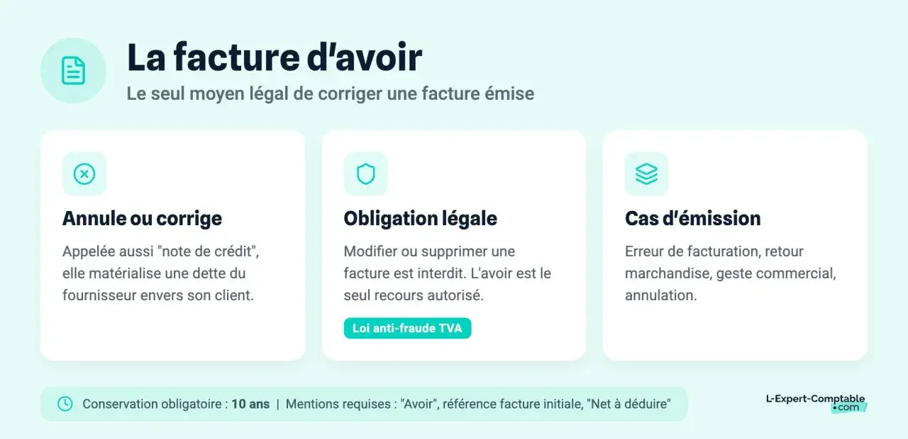 La facture d'avoir, aussi appelée note de crédit, est le seul moyen légal pour corriger une facture. Elle est utile en cas d'erreur, de retour de marchandise ou pour un geste commercial.