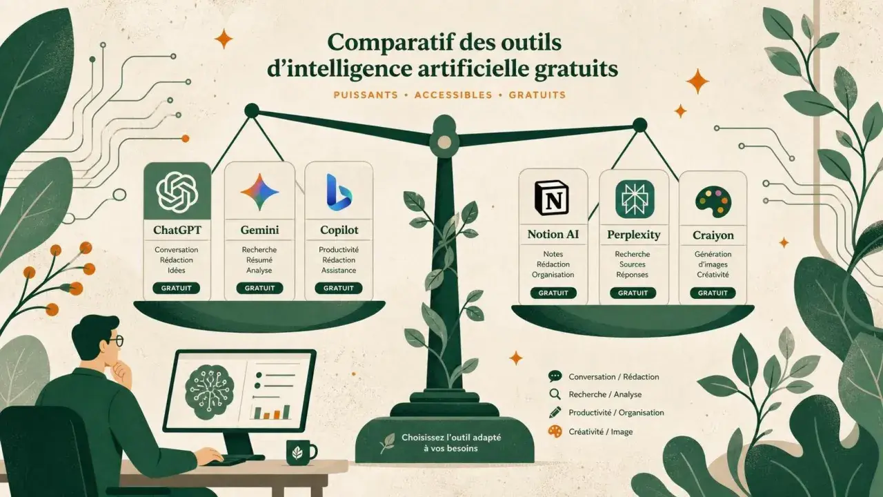 Comparatif d'outils d'intelligence artificielle gratuits : ChatGPT, Gemini, Copilot, Notion AI, Perplexity, Craiyon. Chacun offre des fonctionnalités uniques pour la conversation, la rédaction, la recherche, la productivité et la création d'images.